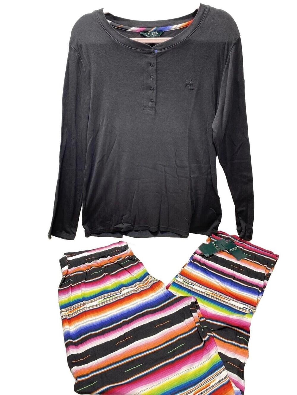 Ralph Lauren Women's Pajama Set Black Lounge Top with Colorful Pants Size XL